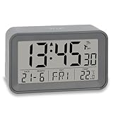 ADE Digitaler Funkwecker mit Licht | Wecker mit Temperaturanzeige und Kalender | kompakter Reisewecker | hübsches matt graues Gehäuse | mit Batterie