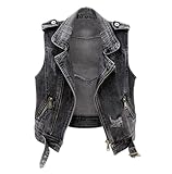 Damen Jeansweste-Punk Schwarz Zerrissene Gewaschene Jeans Weste Jeans Gielt Reißverschluss Bandage Kurze Jeans Weste Plus Size Destoryed Jeansjacke Frühling Cardigan Top Outwear Plus Größe S-3Xl,M…