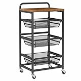 VASAGLE Sevierwagen mit 4 Ebenen, Rollwagen mit herausziehbaren Körben, Küchenregal auf Rollen, Griff, 31,7 x 40 x 76 cm, vintagebraun-tintenschwarz LRC040K01