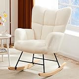DUMOS Schaukelstuhl, Teddy-gepolsterter Sessel mit Hoher Rückenlehne, Moderner Stil Schminktisch Stuhl, Komfortabler Rückenlese-Ohrensessel, geeignet für Wohnzimmer, Schlafzimmer (Weiß)