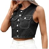 NZYIHAO Damen Beiläufige Denim Weste Ärmellos Jeansjacke mit Ziertaschen Rundhalsausschnitt Vest Jeansweste Collegejacke Crop Freizeitjacke