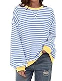 TERIVEEK Damen-Sweatshirt, Oversize, gestreift, Farbblock, langärmelig, Rundhalsausschnitt, lässig, locker, Y2K-Shirt, blau / weiß, S