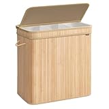 SONGMICS Wäschekorb mit Deckel, Wäschesammler Bambus, Wäschesack herausnehmbar und maschinenwaschbar, mit Griffen, 150 Liter, für Waschküche, Schlafzimmer, Wohnzimmer, naturbeige LCB062N01