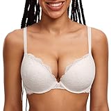 DOBREVA Damen Push Up BH Mit Spitze Gepolstert Plunge Bügel Vollschalen BHS Gemoldete Cups Kokosnuss Weiß 90A