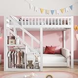 BLSYHDH Etagenbett 140 x 200 cm mit Treppe, Etagenbett für Kinder mit Staufach Kinderbett Hochbett mit Fallschutz und Zäunen (Weiß, 140 x 200 cm)