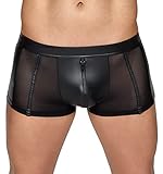 Orion Herren-Pants - verführerische Boxer-Shorts für Männer, mit Front-Reißverschluss, seitlichen Mesh-Einsätzen, Latex-Optik, eng anliegend, schwarz
