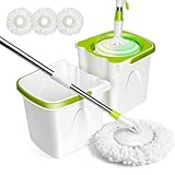 Masthome Kleiner Drehmopp, Wischmopp und Eimer-Set, Mikrofaser-Drehmopp mit abnehmbarem Eimer, einfach zu verstauen, verstellbarer Edelstahlgriff, 3 Mikrofaserköpfe, Mopp und Eimer mit Auswringer-Set