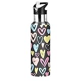 JUMBEAR Acuum Wasserflasche mit roten Herzen, isoliert, Edelstahl, auslaufsicher, breite Öffnung mit Strohhalm-Deckel für Fitness, Fitnessstudio und Outdoor-Sport, 625 ml