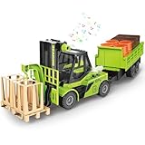 Mostop 1/16 Gabelstapler mit Anhänger BAU-Spielzeug, Trägheitsgabelstapler mit Eimern/Kisten/Paletten, Reibungsangetriebene BAU-Autos Spielzeug mit Licht und Sound, Geschenke für Jungen und Mädchen