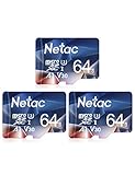 Netac 64G Micro-SD-Karte, 3 Pack, A1, U3, C10, V30, 4K, 667X, UHS-I, Geschwindigkeit bis zu 100/30 MB/Sec(R/W), Micro-SD-Karte für Telefon, Camcorder, Switch, Go Pro, Tablet