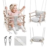 Ollewiellan Babyschaukel Indoor & Kinderschaukel Outdoor 3-in-1 aus Holz, Höhenverstellbar (160-260cm) mit Abnehmbarem Kissen, Für Garten, Tragkraft 50kg, Ab 12 Monaten(Hellbeige)