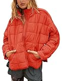 Bianstore Damen Oversized Splice Gesteppte Leichte Pufferjacke Casual Gepolsterter Mantel, Rotorange, Groß