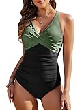 heekpek Badeanzug Damen Bauchweg Einteilige Bademode V-Ausschnitt Swimsuit Retro Badeanzug Badebekleidung, Grüne Spleißen, L
