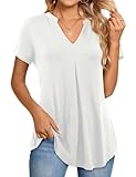 Beluring Longshirt Damen Kurzarm Lässig T-Shirt Sommer V-Ausschnitt Plissee Tunika Blusen Weiß L