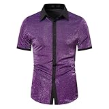 Hemd Glitzer Herren - Sommermode Glänzendes Hemd Kurzarm Farbhemd (Purple S)