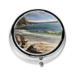 Pillendose mit Strand- und Meereslandschaft, 3 Fächer, rund, Metall, wasserdicht, tragbar, für Tasche oder Geldbörse, Vitamin/Fischöl/Pillen/Nahrungsergänzungsmittel