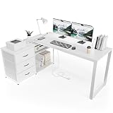TRIUMPHKEY Eckschreibtisch mit 3 Schubladen&Stauraum, 140 x 105 x 75 cm Reversible Schreibtisch l Form, L-förmiger Schreibtisch mit 2 USB-Ladeanschlüssen und 2 Steckdosen, Weiß