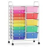COSTWAY Rollwagen mit 15 stapelbaren Schubladen, Schubladenwagen Rollcontainer mit Metallgestell & Ablagefläche, Badrollwagen Aufbewahrungswagen für Büro, Zuhause (Regenbogen)