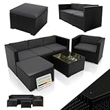 Juskys Polyrattan Lounge Punta Cana L für 4-5 Personen mit 3er Sofa, Sessel, Hocker, Tisch & Kissen, Sitzgruppe für Garten, Terrasse und Balkon, Gartenmöbel Set wetterfest - Schwarz/Grau