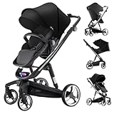 Veitoalioy Kinderwagen Ausgestattet mit PU-Rädern, Bequemer Multifunktionaler Kombikinderwagen Komplettset, Faltbarer Kinderwagen Set, Aluminium Hohe Landschaft Babywagen (WL8 Black-1)