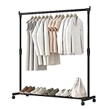JIEBWCHA Teleskop-Kleiderständer aus Metall auf Rädern, 68 x 38 x 130 cm, Karbonstahl, Teleskop-Wäscheständer mit Boden, und Haken, für Schlafzimmer, Zuhause, Schrank, Wäsche, Geschäft