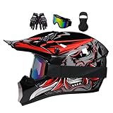 Motocross Helm Kinder, Jugend Motorradhelme, Motorradhelm Downhill Fullface Helm, Moto Cross Helm Herren, Mit Brille Handschuhe, Integralhelm Crosshelm Helm Motorrad MTB Enduro Quad Helm(L(56-57CM))