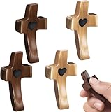 azttior 4 Stück Geschnitzte Holzkreuz mit Herzen, Handschmeichler Kreuz aus Naturholz, Handgeschnitztes Liebeskreuz für Christliches Geschenk, 5cm Holzkreuz Klein für Andachtsgebete Taufe Kommunion