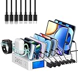 Ladestation Mehrere Geräte, 245W 7-Port-Handy Ladestation mit LCD-Anzeige, 100W PD USB C Schnellladegerät, für iPad, iPhone, Android, Tablet und Andere Elektronische Geräte-weiß（7 Gemischte Kabel）