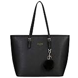 URAQT Damen Handtasche Schwarz, Shopper Handtasche Leder Tasche, Groß, für Büro Schule Einkauf mit Kaninchen Pelz Kugel Plüsch Schlüsselring