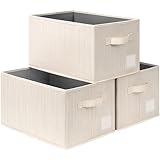 TIMEYARD 3er Set Aufbewahrungsboxen, Aufbewahrungskorb für Badezimmer Regal, Storage Boxes, Basket, Kinderzimmer Deko, Korb Aufbewahrung für Schrank, Kleidung, Karton & Canvas, 37x25x21cm, Beige