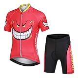 L PATTERN Kinder Radtrikot Set Jungen radsport anzüge (Fahrrad Trikot Kurzarm + Radhose) Mädchen Fahrradbekleidung Anzug mit Sitzpolster, Rot Monster, 134/140(Tag:L)