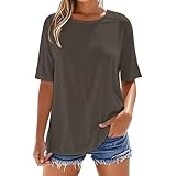 Business Shirt Damen 3/4 Arm Shirt Damen Leinen Blusen Top Summer Casual Rundhals Bluse Große Größen Lose Comfy Shirts Elegante Einfarbig Schwarz Oberteil Comfy Basic Tops (2-WH2, XXL)