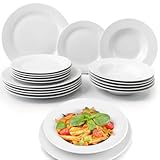 Shally Dogan 18-teiliges Tafelservice aus Porzellan für 6 Personen, Set bestehend aus 6 flachen Teller, 6 tiefen Tellern, 6 Desserts und Obst, modernes Design (weiß)