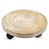 Spetebo Pflanzentrolley aus Baumscheibe massiv - 30 cm - Holz Blumentopf Unterteller rund mit 4 Rollen - Pflanzenroller Pflanzenwagen Rolluntersetzer Rollbrett