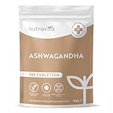 Ashwagandha Hochdosiert - 365 vegane Tabletten (1 Jahr Vorrat) - 600mg pro Tablette - Hochwirksames Ashwaganda Wurzel Pulver - Alternative zu Ashwagandha Kapseln - Indische Schlafbeere - Nutravita