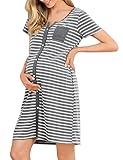 KOJOOIN Nachthemd Damen Kurzarm Stillnachthemd Baumwolle Knopfleiste Durchgehend Stillkleid V Ausschnitt Streifen Nachtwäsche mit Vordertasche A-Streifen-Grau S