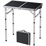 FUNYKICH Campingtisch Klapptisch 58x40cm, Faltbarer Grilltisch mit 3 Höhen Verstellbarer(26/48/67cm), Aluminium Tragbar Falttisch, MDF Platten Multifunktionstisch für Picknick Camping Balkon - Silber