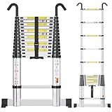 SIMPDIY 4,1M Teleskopleiter, Aluleiter ausziehbar mit Stabilisator, Leiter Ausziehbar mit Haken, 14 Sprossen, für Hause, Wohnmobil und Freien, Tragkraft 150 kg