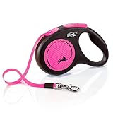 flexi® Neon M Gurt 5 m schwarz, neon-Pinker Gurt, reflektierende Seitenfläche, Roll-Leine für Hunde bis 25 kg
