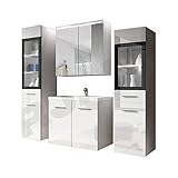 Badmöbel Set Udine II mit Waschbecken und Siphon, Modernes Badezimmer, Komplett, Spiegelschrank, Waschtisch, Hochschrank, Möbel (ohne Beleuchtung, Weiß/Weiß Hochglanz)