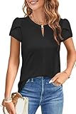 NAIOSS Damen Bluse Kurzarm Elegant Oberteile Sommer Tshirt V-Ausschnitt Puffärmel Shirts Casual Tops(Schwarz/M)