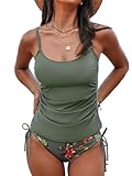CUPSHE Damen Tankini Set U Ausschnitt Bauchweg Raffung Tankini Mid Waist Tunnelzug Bademode Zweiteiliger Badeanzug Swimsuit Rauchgrün/Blumig L