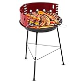 Muntel Holzkohlegrill, Ø 37 cm, Dreibein, BBQ, Kohlegrill für Barbeque Camping, Terrasse, Picknickgrill, Grill mit Windschutz, Rundgrill, Schwarz/Rot