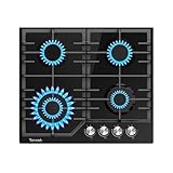 TOPWISH Gaskochfeld 4 flammig,Einbau Gaskochfeld 60cm, Gaskochfelder mit Italienischer SABAF-Brenner,Glasherd mit Gusseisernen Stützen,NG/LPG Konvertierbar,Automatischer Thermoelementschutz,8000 Watt