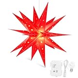 Qijieda 3D Weihnachtsstern Beleuchtet Außen Batterie mit Timer - 58cm led Weihnachtsstern für Fenster, Adventsstern Stern Zum Dekorieren von Innenhof, Balkon Und Garten (Red)