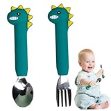 Babybesteck 2 Teile/satz Dinosaurier Baby Gabel und Löffel Set mit Silikongriff BPA-frei Dinosaurier Löffel Selbsttraining Füttern Kleinkind Utensilien für Led Entwöhnung Dunkelgrün