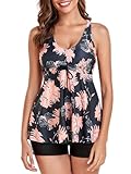 FLYILY Damen Zweiteilig Badeanzug Vorner Schnüren Racerback Bademode Plus Größe Tankini Set mit Boyshort(BlackFlower,XXL)