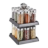 Relaxdays Gewürzkarussell, 16 Gewürzgläser mit Streueinsatz, Gewürzregal drehbar, HBT 27x16,5x16,5cm, schwarz/silber