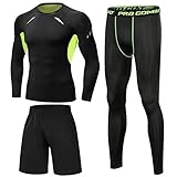 Terecey Kompressionsanzug Herren Set Kompressionsshirt Leggings Sportshorts 3pcs Set Fitness Bekleidung Kompression Sportbekleidung für Training Laufen Radfahren Gym