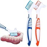 WLLHYF Prothesenbürste Doppelborstenkopf mehrschichtige Borsten weichen Borsten Zahnersatzbürste für die Reinigung von Künstlichen Zähnen Zahnersatz Zahnprothesen Gebiss Retainer(Blau/Orange), 2 Stück